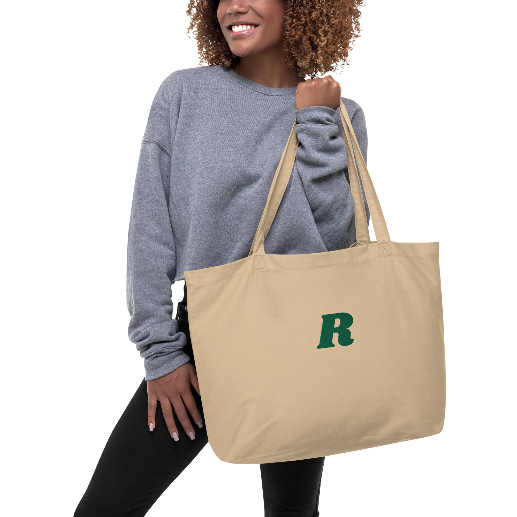 Large Tote Bag with Initial R Embroidered in Green